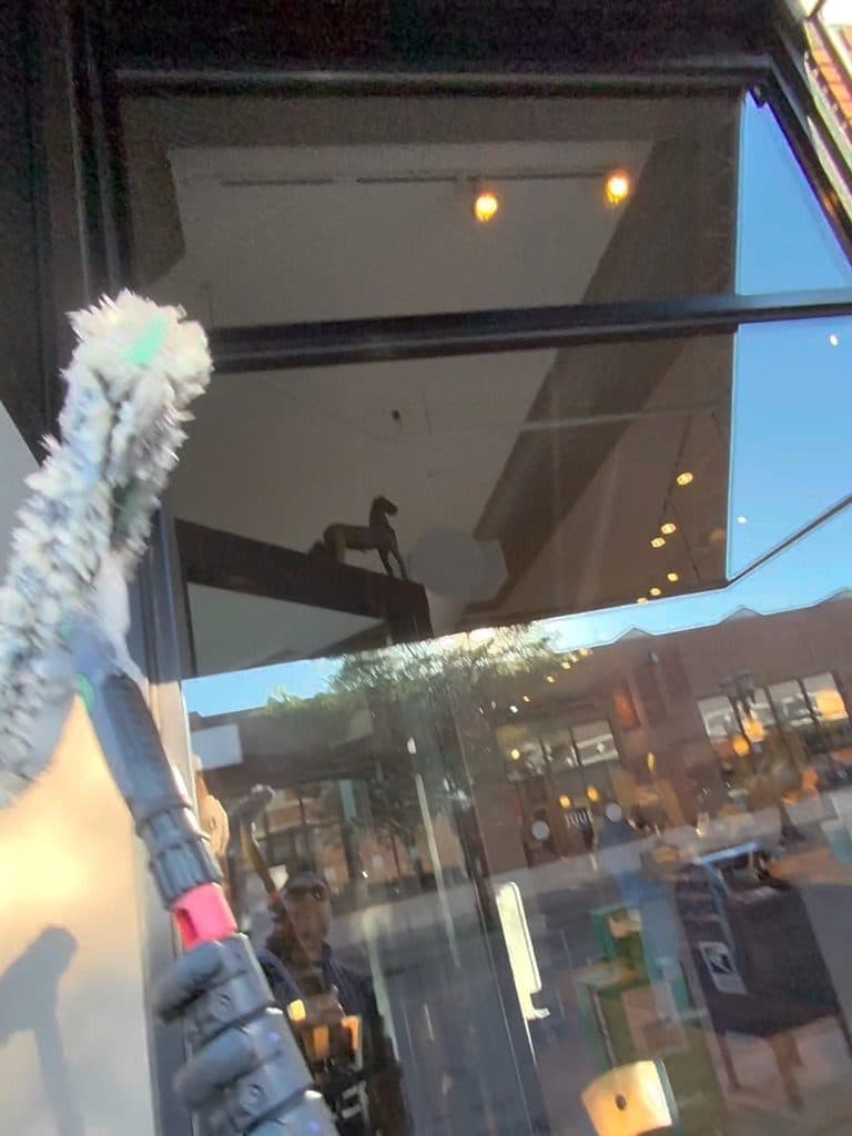 Water-fed pole cleaning a second-story window